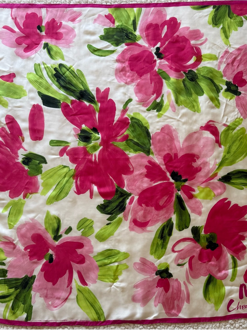 Moschino Pink and Green Floral Silk Scarf 34β